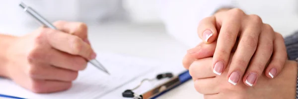 Friendly female doctor hold patient hand — Stock Photo, Image