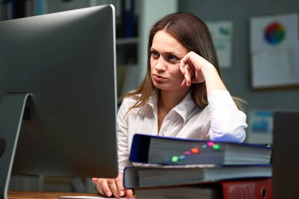 Pretty overworked woman at workplace — Stock Photo, Image