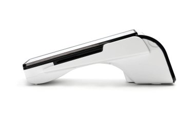 Beyaz arkaplanda izole edilmiş bankacılık kartları okumak için Pos terminal aygıtı