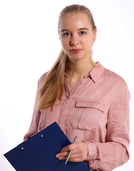 Girl in business clothes holding folder and pen
