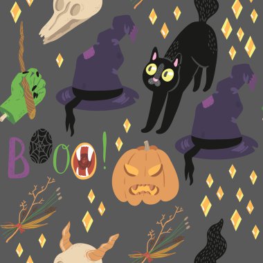 Ürkünç nesnelerini mutlu Halloween sorunsuz vektör desen el ile çizilmiş.