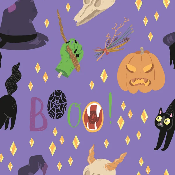 Joyeux motif vectoriel sans couture Halloween avec des objets effrayants dessinés à la main . — Image vectorielle