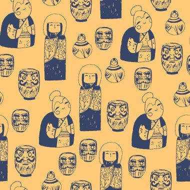 Japonya'dan hazineler. Elle çizilmiş sorunsuz vektör desen şirin geleneksel nesnelerle.