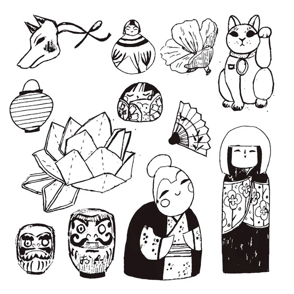 Tesori dal Giappone. Set vettoriale disegnato a mano con simpatici oggetti tradizionali . — Vettoriale Stock