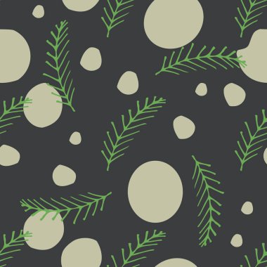 Kış harikalar diyarı. Sorunsuz vektör desen İskandinav tarzı. Şirin elle çizilmiş ağaçlar, çam kozalakları, dalları ve oyuncaklar.