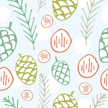 Kış harikalar diyarı. Sorunsuz vektör desen İskandinav tarzı. Şirin elle çizilmiş ağaçlar, çam kozalakları, dalları ve oyuncaklar.