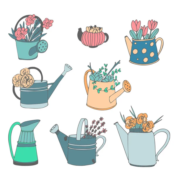 Cute hand drawn vector watering can with summer bouquet. Seamless vector pattern — Stock Vector