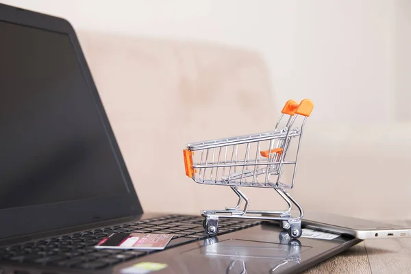 Minyatür alışveriş sepeti laptop — Stok fotoğraf