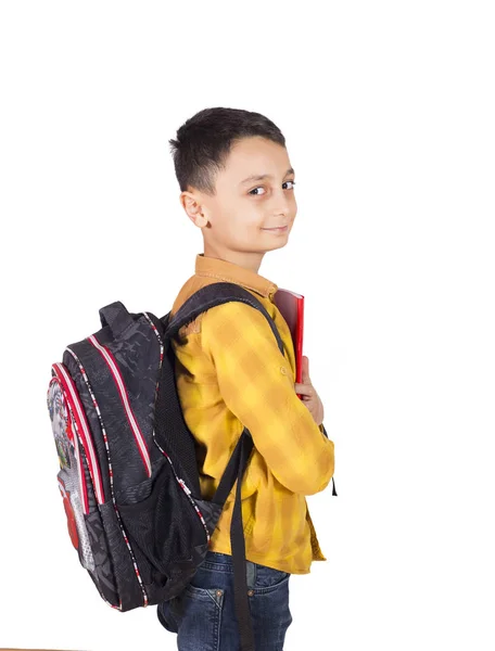 Na białym tle student jeden chłopiec z plecaka — Zdjęcie stockowe