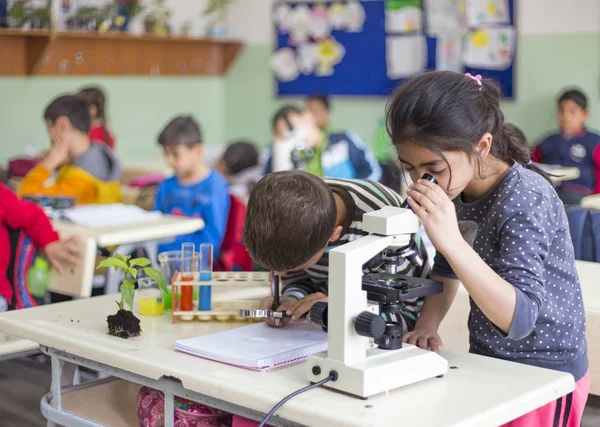 Студенты экспериментируют с микроскопами — стоковое фото