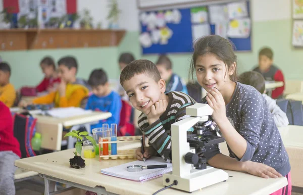 Öğrenciler mikroskop ile birlikte çalışıyoruz — Stok fotoğraf