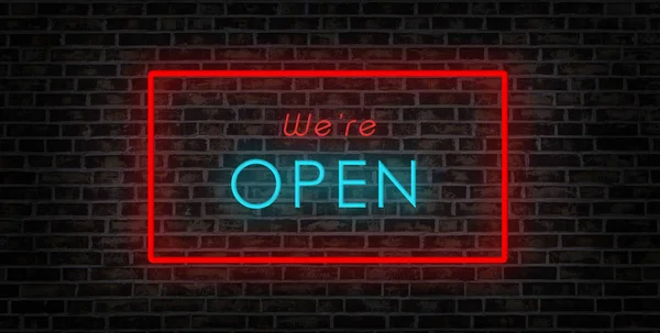 We are open sign. neon illuminated blue and red font on brick wall. — Stockfoto