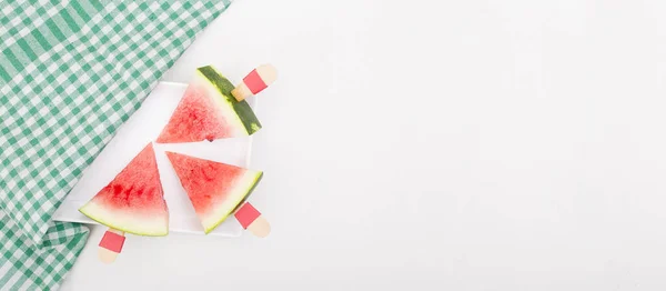 Three Slices Watermelon White Background Triangle Cut Chopped Watermelon Slice — Stock Photo, Image