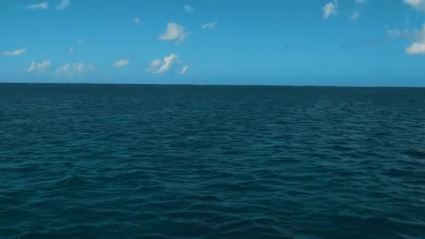 A Wake From a Ship at Sea with Blue Ocean Water, a Horizon, Blue Sky and Clouds. — Stock Video