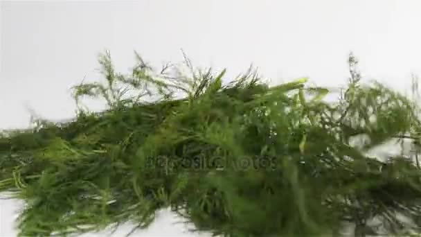 Ein Bündel Dill fällt auf eine weiße Fläche — Stockvideo