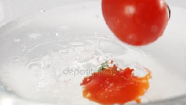 Pochi pomodori rossi che cadono in acqua con spruzzi — Video Stock