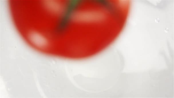 Eine rote Tomate fällt mit Spritzer ins Wasser — Stockvideo