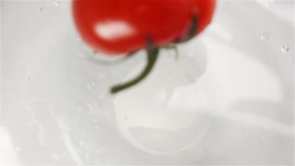 Красный вкусный свежий помидор с зелеными листьями падает под воду с брызгами и брызгами — стоковое видео