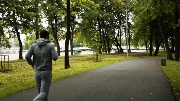 Rückansicht eines Mannes, der im Park läuft — Stockvideo