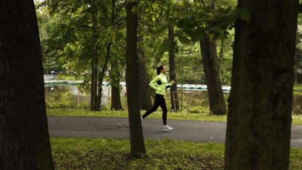 Loper vrouw loopt in park op asfaltweg. — Stockvideo