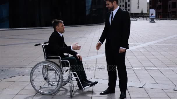 Happy Boss Shaking Hands With Cripple Colleague Outdoor — Stock Video