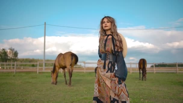 Elegantní žena pózující poblíž pasoucích se koní — Stock video