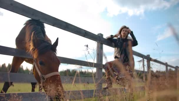 Stijlvolle dame aanpassen haar in de buurt eten paard — Stockvideo