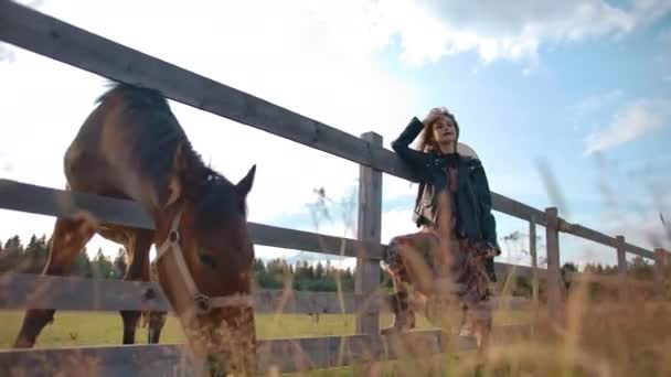 Horse grazing near dreamy female — Αρχείο Βίντεο