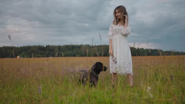 Ρομαντικό απαλή γυναίκα με το σκυλί στον αγροτικό τομέα — Αρχείο Βίντεο