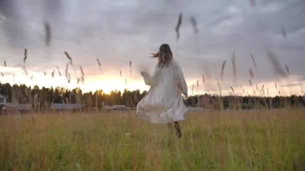 Mujer feliz corriendo en el campo rural hacia el cielo del atardecer — Vídeos de Stock