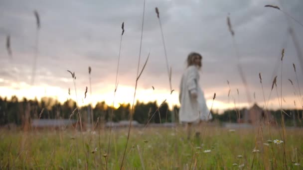 Akşamları çimen tarlasında dans eden kadın — Stok video