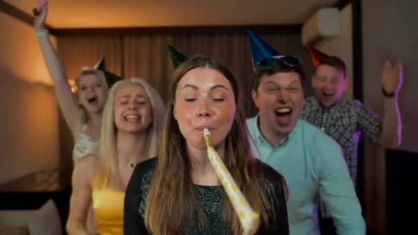 Female in centre and her friends congratulating You with Your birthday — Stock Video