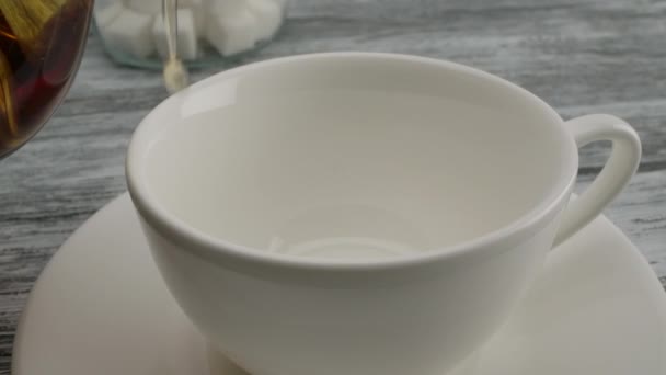 Наливання чорного чаю в класичну білу чашку на блюдці — стокове відео