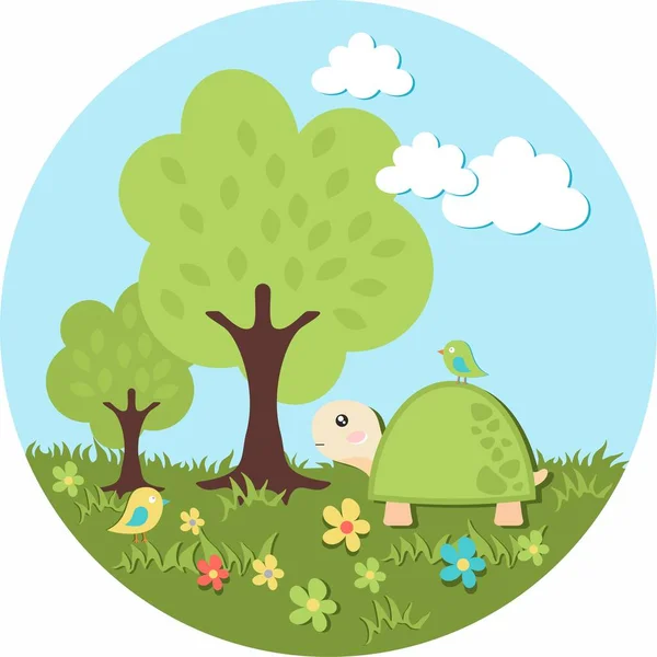 Apple Tree Turtle Birds Meadow — Stock Vector