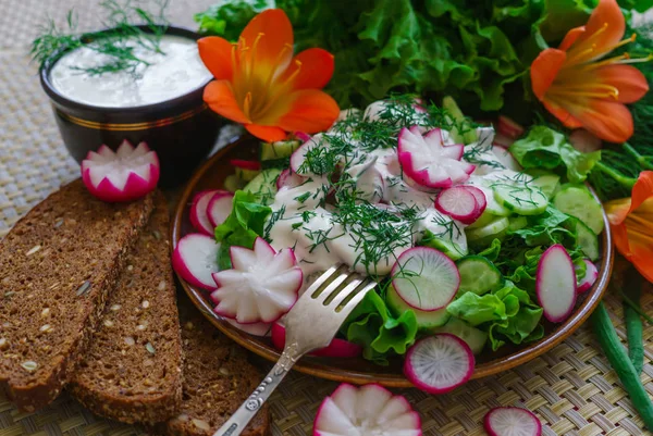 Färsk skivad gurksallad och rädisor med gräddfil och örter. — Stockfoto