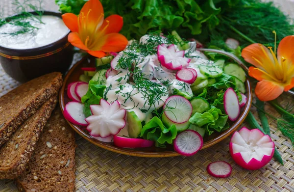 Friss szeletelt uborka saláta és retek tejföllel és gyógynövényekkel. — Stock Fotó