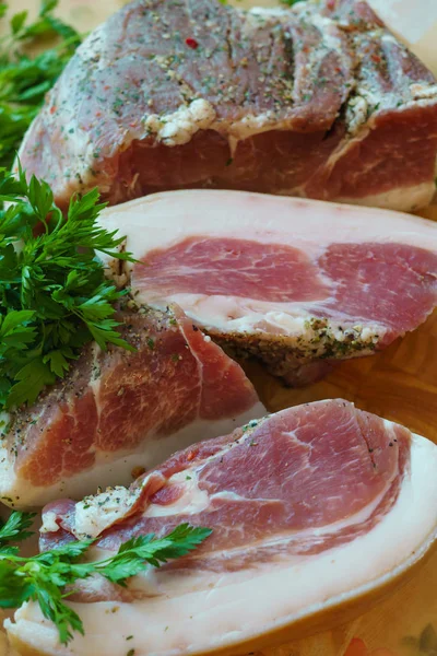 Pork pieces are salted in the traditional way. — Stock Image Pork pieces are salted in the traditional way. Royalty Free Stock Photos