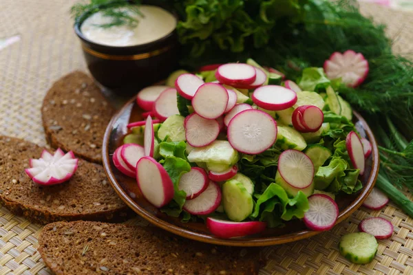 Färsk gurka och rädisa hackade skivor för sallad. — Stockfoto