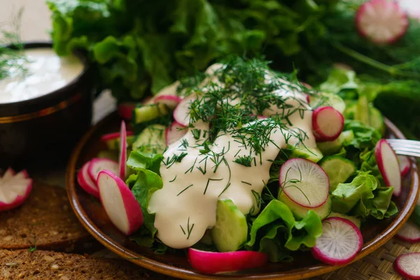 Friss uborka és retek apróra vágott szelet salátához. — Stock Fotó