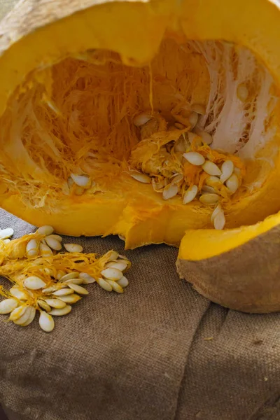 Pieces of cut pumpkin together with pumpkin seeds. — Stock Photo, Image