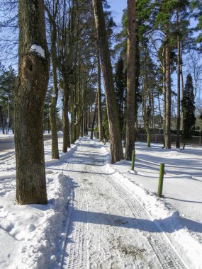 2018 kışında Riga Körfezi kıyısındaki Jurmala 'da karlı yol. Letonya..