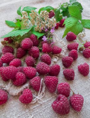 Masaya serpilmiş taze, kırmızı ahududu böğürtlenleri.