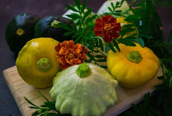 Multicolored yellow, white and green squash on the table. — 스톡 사진