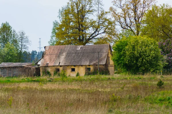 Very old abandoned agricultural buildings of the 19th century in a Latvian village, May 2020