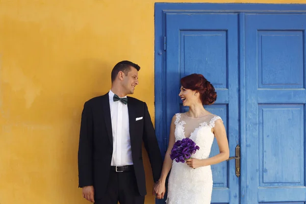 Joyful bridal couple holding hands — Stock Photo, Image