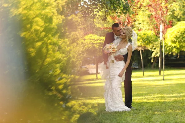 Vrolijke bruidspaar omarmen in de natuur — Stockfoto