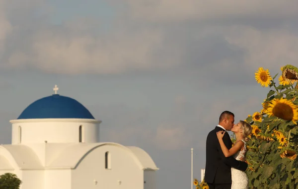 Bruid en bruidegom omarmen in de buurt van zonnebloemen — Stockfoto