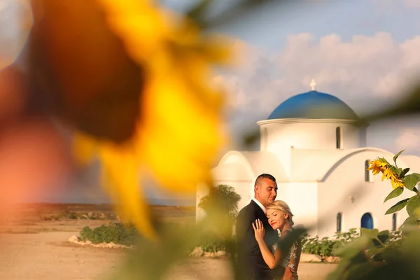 Braut und Bräutigam umarmen sich bei Sonnenblumen — Stockfoto