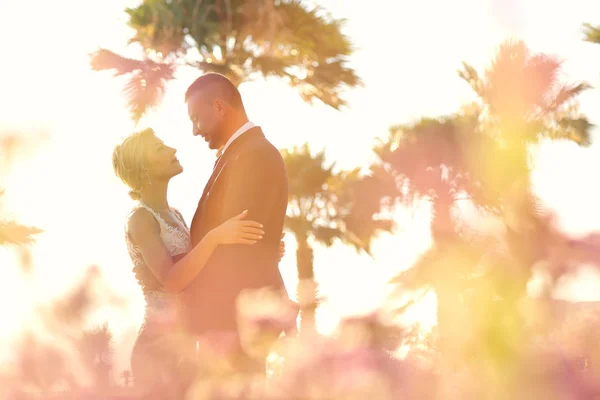 Joyful brudparet embracing — Stockfoto