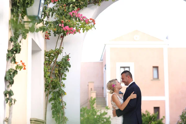 Gioiosa coppia di sposi che abbraccia vicino a fiori colorati — Foto Stock